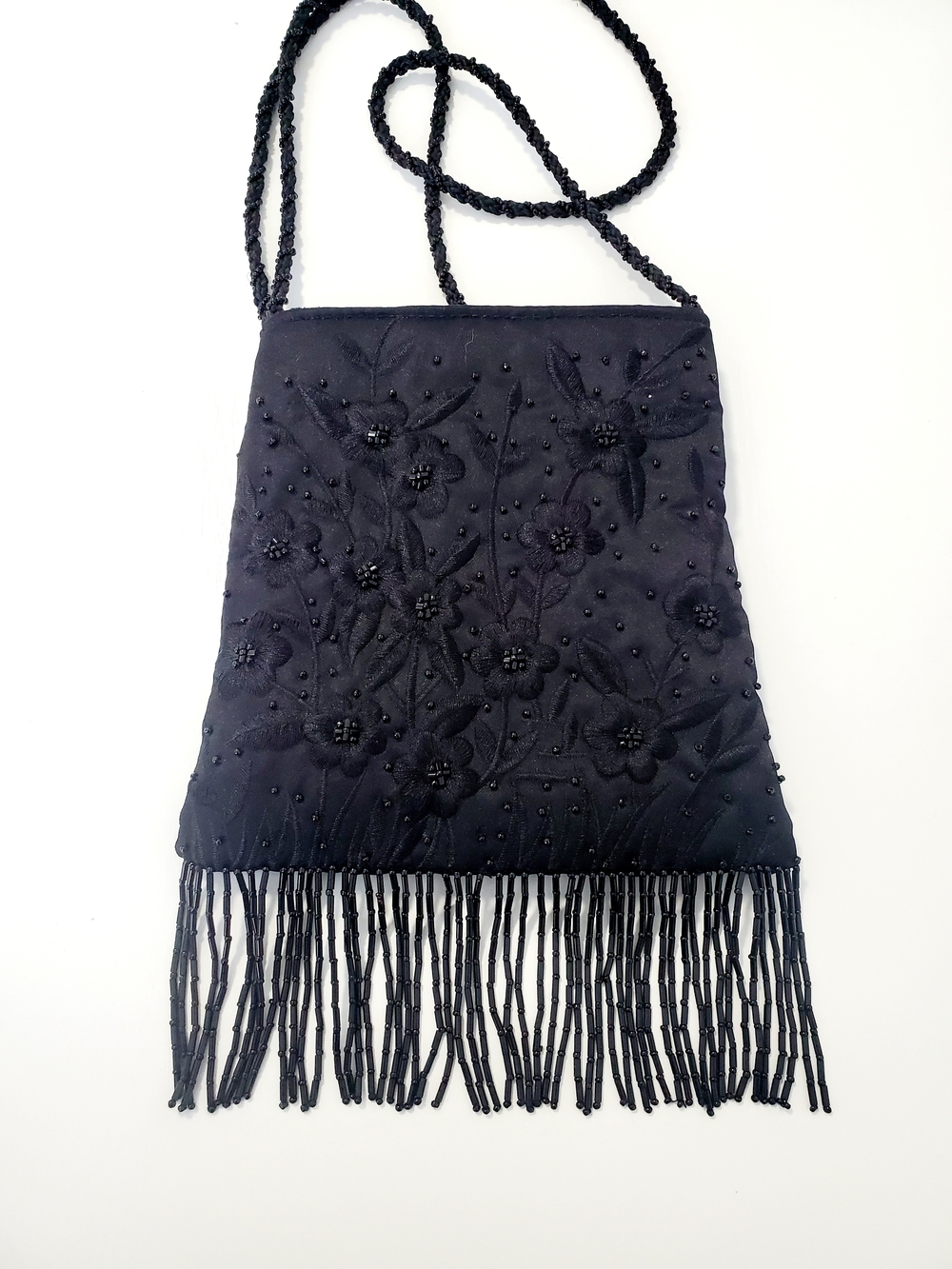 Black Beaded Floral Fringe Evening Bag - Unbranded